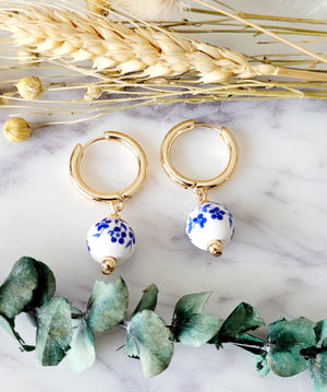 PORCELAIN BEAD HUGGIE HOOP EARRINGS