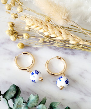 PORCELAIN BEAD HUGGIE HOOP EARRINGS