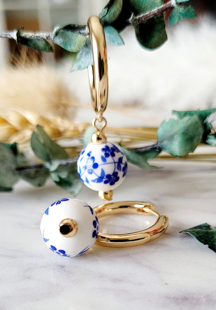 PORCELAIN BEAD HUGGIE HOOP EARRINGS